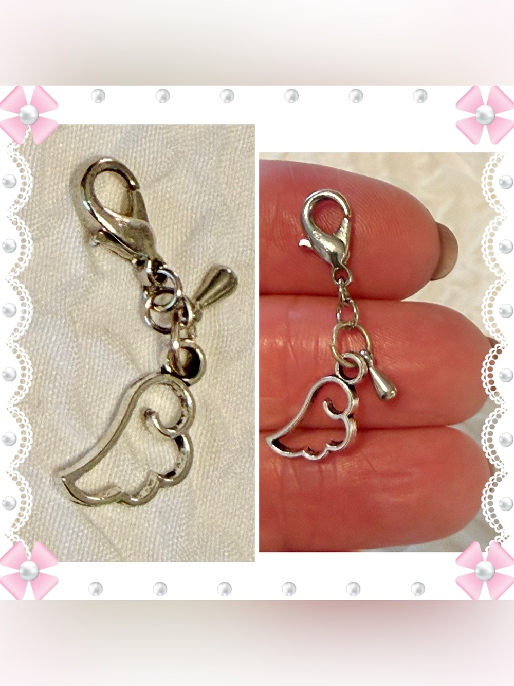 Charm / pendant - small cut out angel wing with dangle accent - silver tone New!